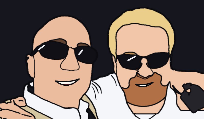 Cartoon illustration of Facely co-founders Joel and Ian in sunglasses, arm in arm